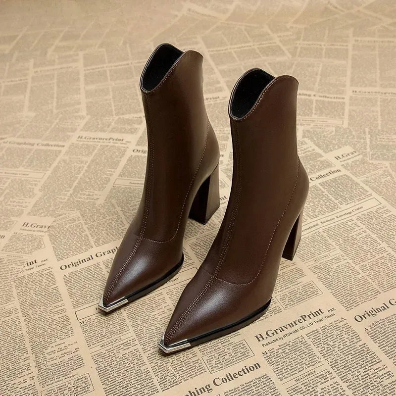 Pointed Toe Women's Ankle Boots Fashion Back Zippers Short Botas Ladies Elegant Square High Heel Winter Women's Footwear