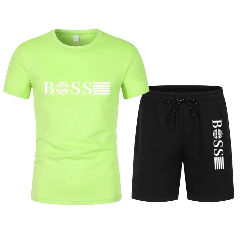 Spring and Summer New Two-piece Men's Running T-shirt and Short Casual Elastic Round Neck Sports Suit Comfortable Quick Drying