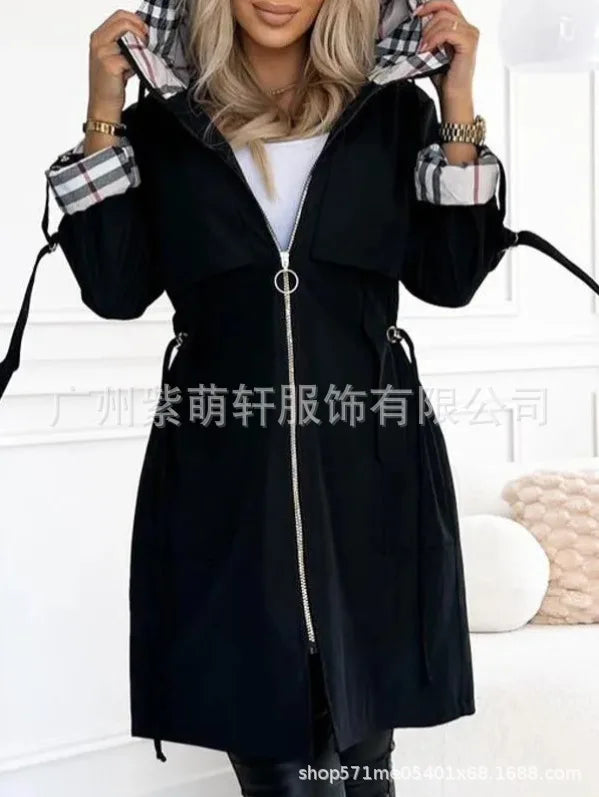 Fashion Trench Coat Woman Autumn Winter Solid Color Versatile Casual Street Style Cardigan Long-sleeved Hooded Plaid Outerwears