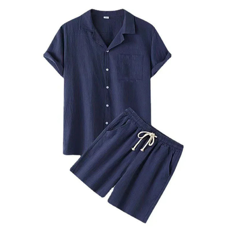 2025 New Summer Cotton Shorts Sets Men Lapel Short Sleeve Shirts Shorts 2-piece Set Men's Casual Sportswear Suit Solid Loose
