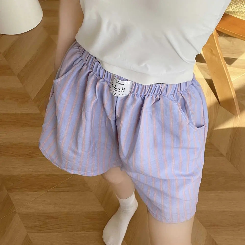 Comfortable Spring Summer Casual Shorts Women Chic High Waist Stripe Short Pants Baggy Elastic Waistband Thin Loose Shorts Women