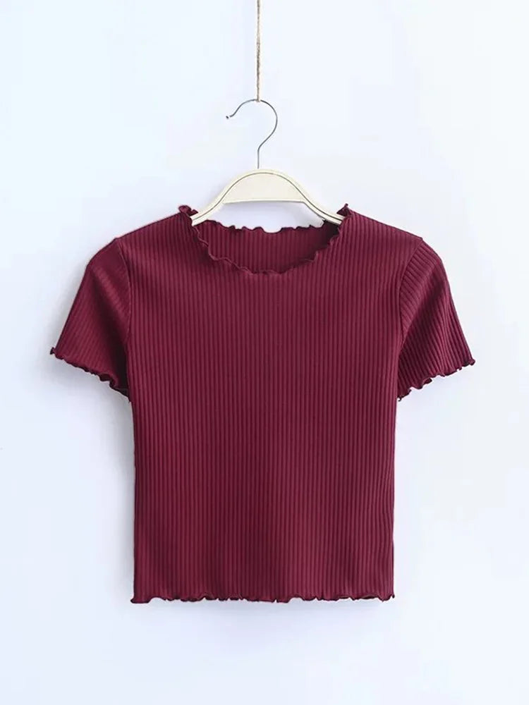 Vintage Wood ears O neck Short sleeve T-shirt 2025 New Woman Slim Fit t shirt tight tee Summer Retro Tops 6 colors