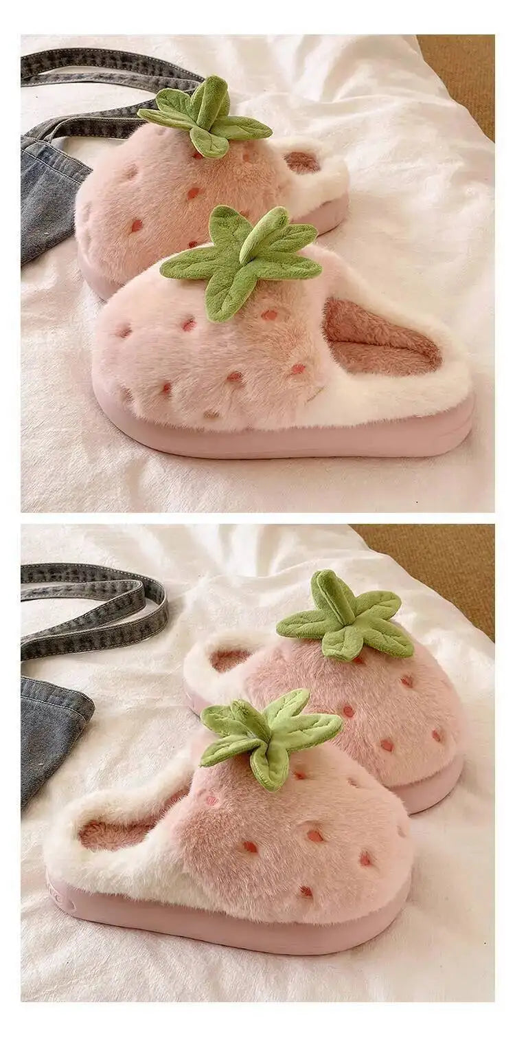 Winter Women's Furry Cotton Home Slippers Cute Strawberry Design Warm Thick Soled Anti Slip Indoor Household Outdoor Wearable