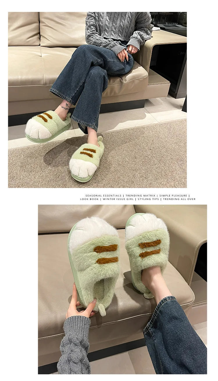 Newest cat paw feet slippers woman fluffy closed heel home shoes for women winter warm slip on animal claw slipper furry loafer