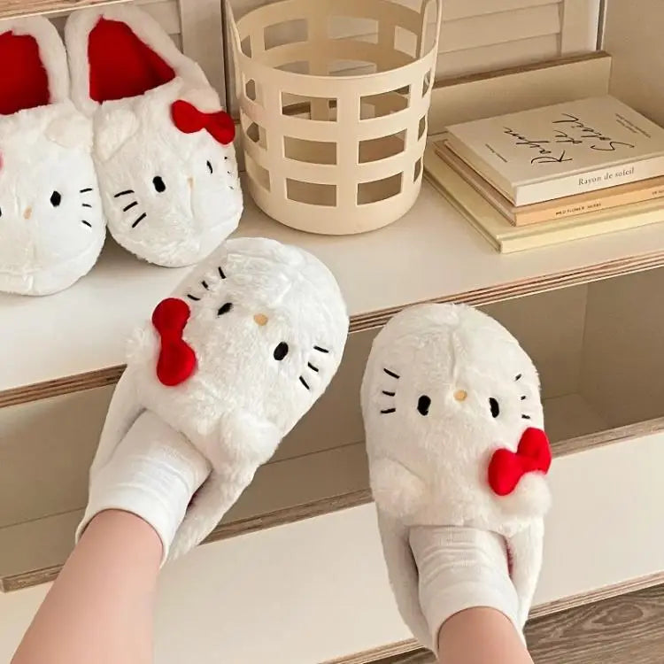 Cute Hello Kitty Anime Women Plush Slippers Sanrio Kawaii Cotton Shoes Student Winter Bedroom Soft Shoes Girls Festival Gifts