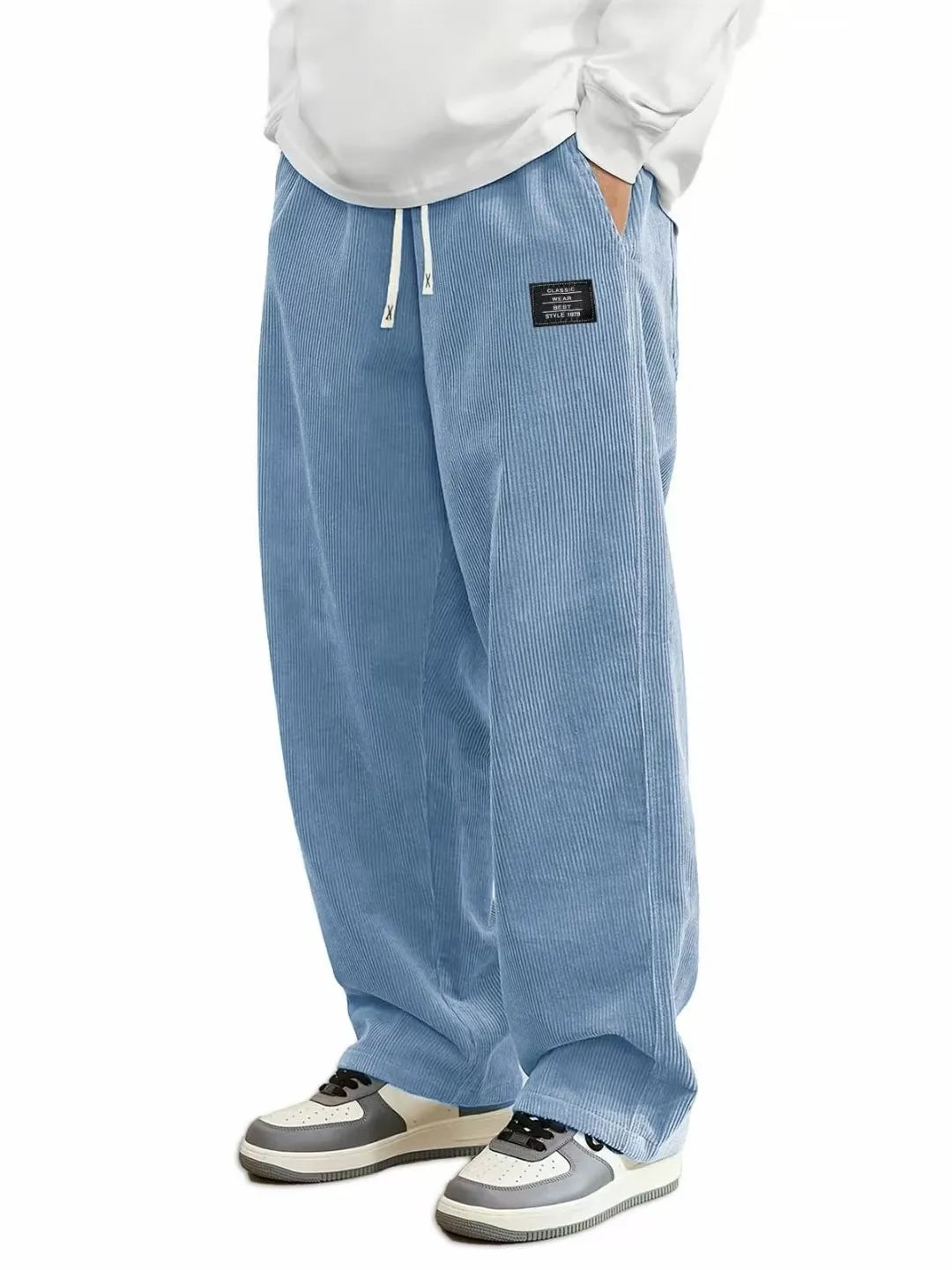 Men'S Corduroy Straight Leg Pants with Drawstring Waist,  Pockets, and Logo Design - Stretchy, Casual Fit for Everyday Wear