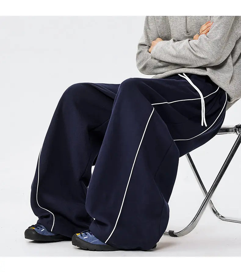 Men's Minimalist Oversized Wide Leg Sweatpants Contrast Stripe Drawstring Waist Streetwear Pants
