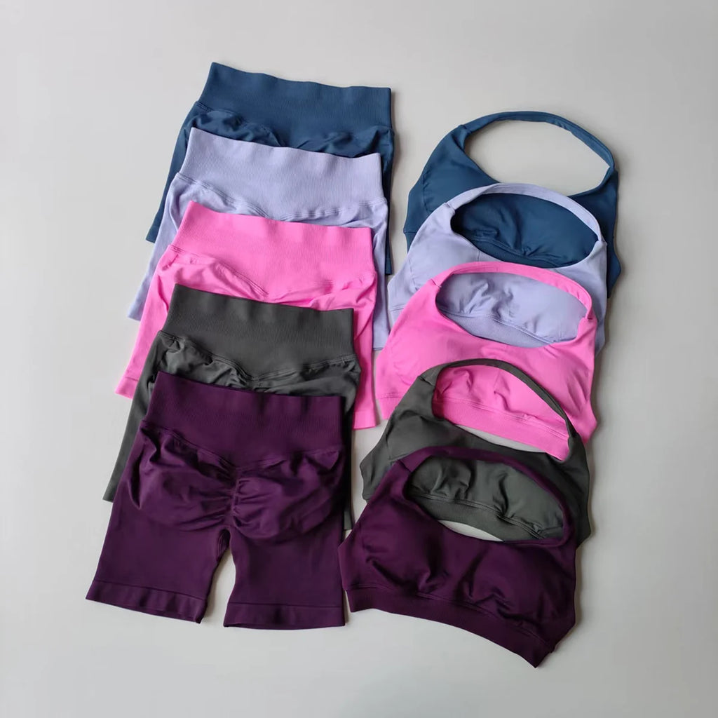 2 Pieces Yoga Suit for Women Seamless Fitness Gym Clothes Halter Sports Bra Matching Impact Shorts Workout Sets Gym Set Outfit