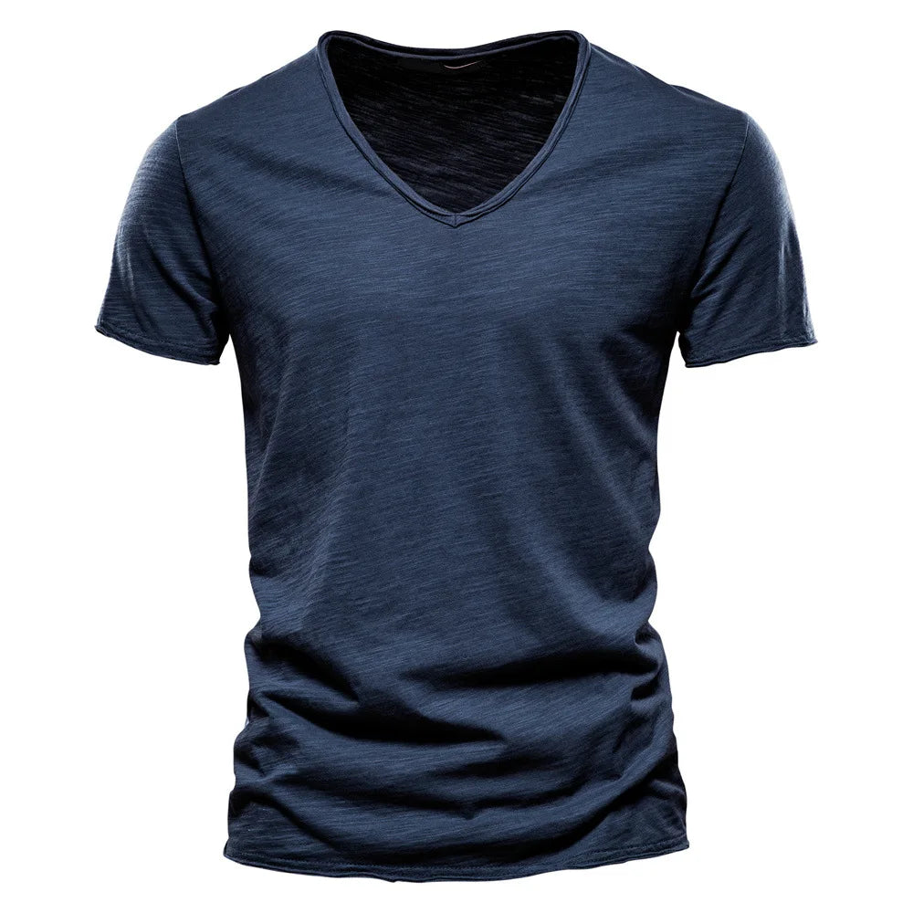 S-5XL 100% Cotton Men's T-Shirts Fashion Design V-neck Casual Slim Fit Basic Solid Summer T Shirt For Men-F037