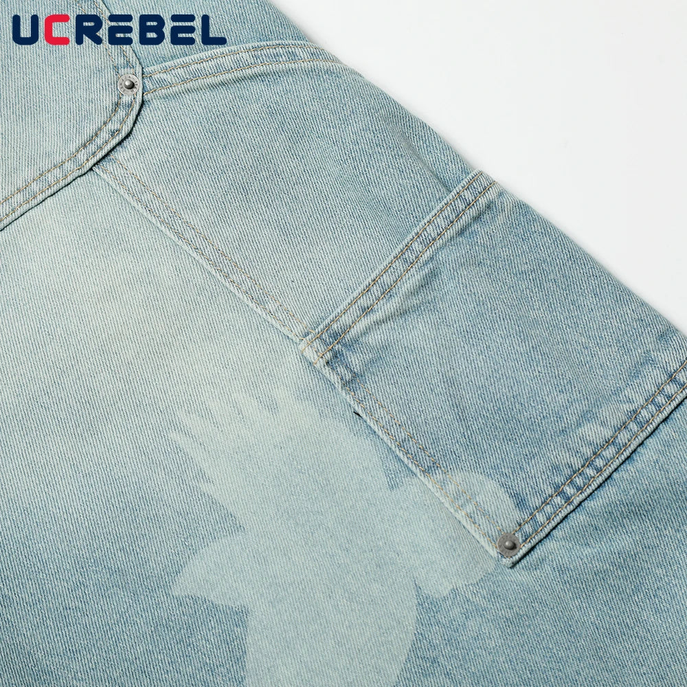 Pigeons Print Carpenter Denim Pant Mens Pocket Retro High Street Washed Distressed Loose Wide Leg ARC 3D JEANS