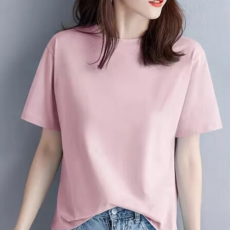 Summer Casual 100% Cotton Regular-Fit Women Crew Neck Basic White T-Shirts