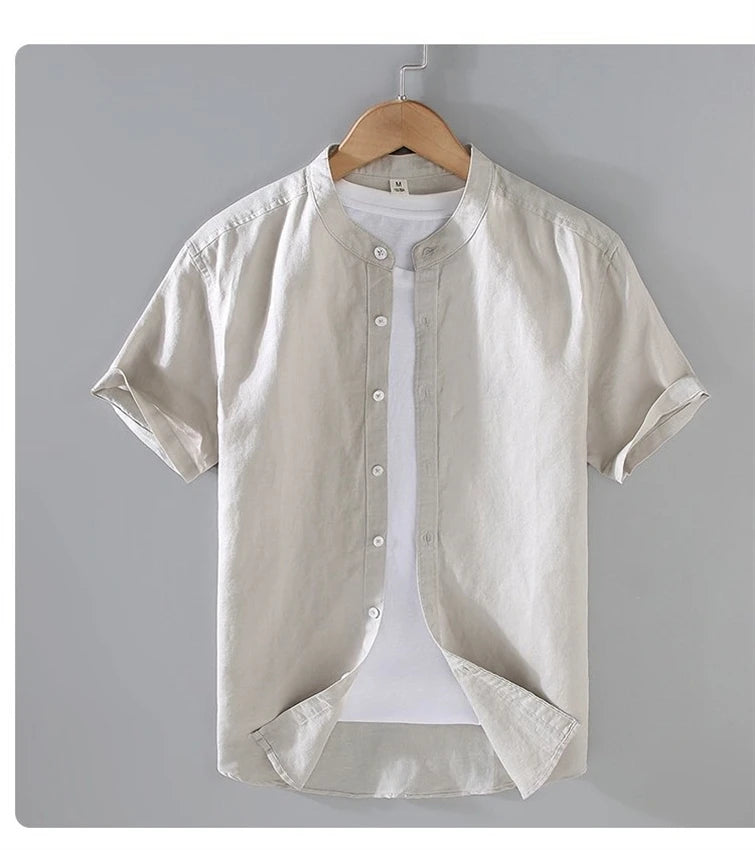 Men's Cotton Linen Short-Sleeved Shirt Summer Streetwear Plain Color Stand Collar Casual Beach Style plus Size M-3XL
