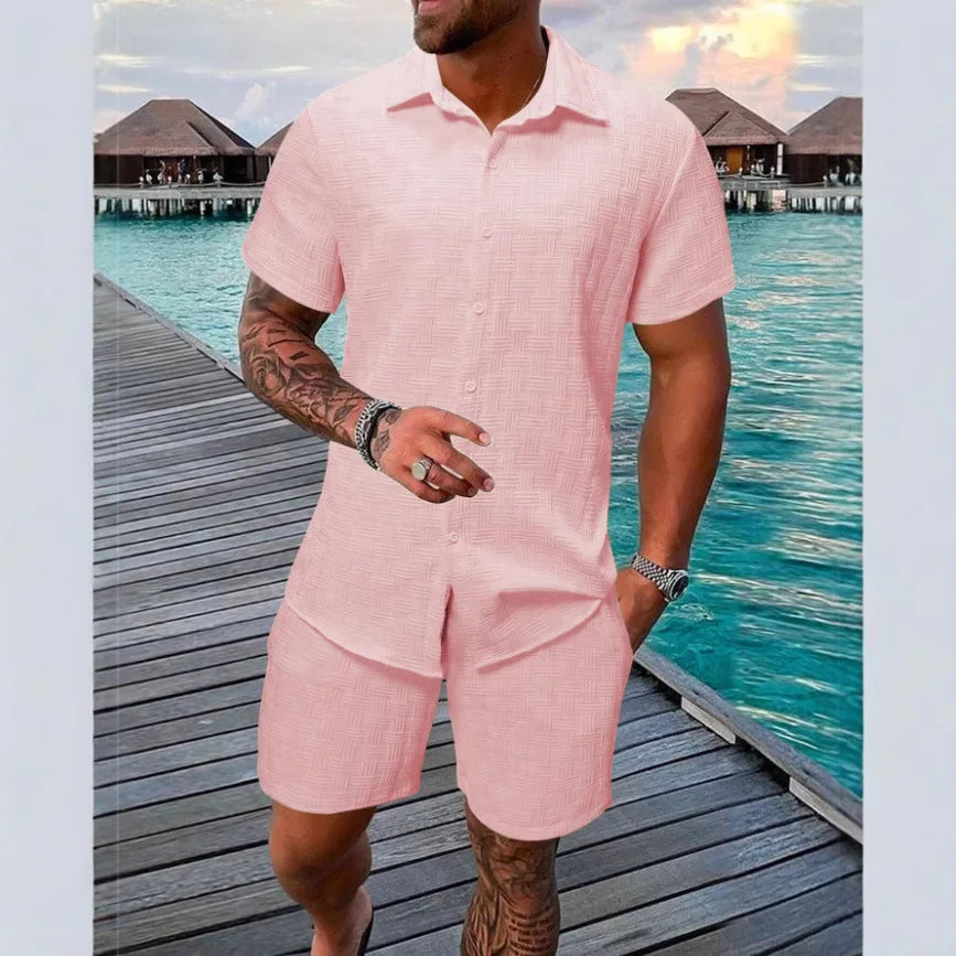 Summer Solid color Cotton linen Men's Shirt Set Fashion lapel Jacquard Short-sleeved Shirt Shorts 2 Piece Set Men's Shorts Suit