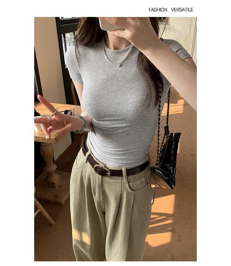 American style spicy girl shoulder T-shirt for women in summer 2025, tight fitting and slimming short top, basic elastic short s