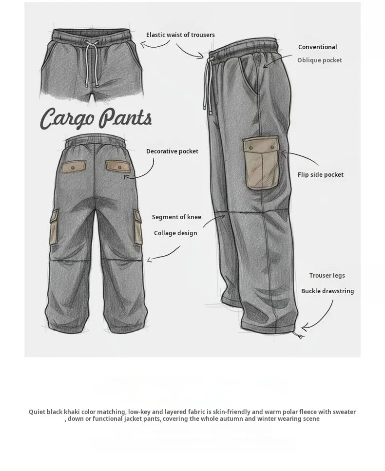 Maden Vintage Men's Brushed Fleece Sweatpants Black Cuffed Thermal Casual Pants Elastic Waist Multi-Pocket Trousers for Winter