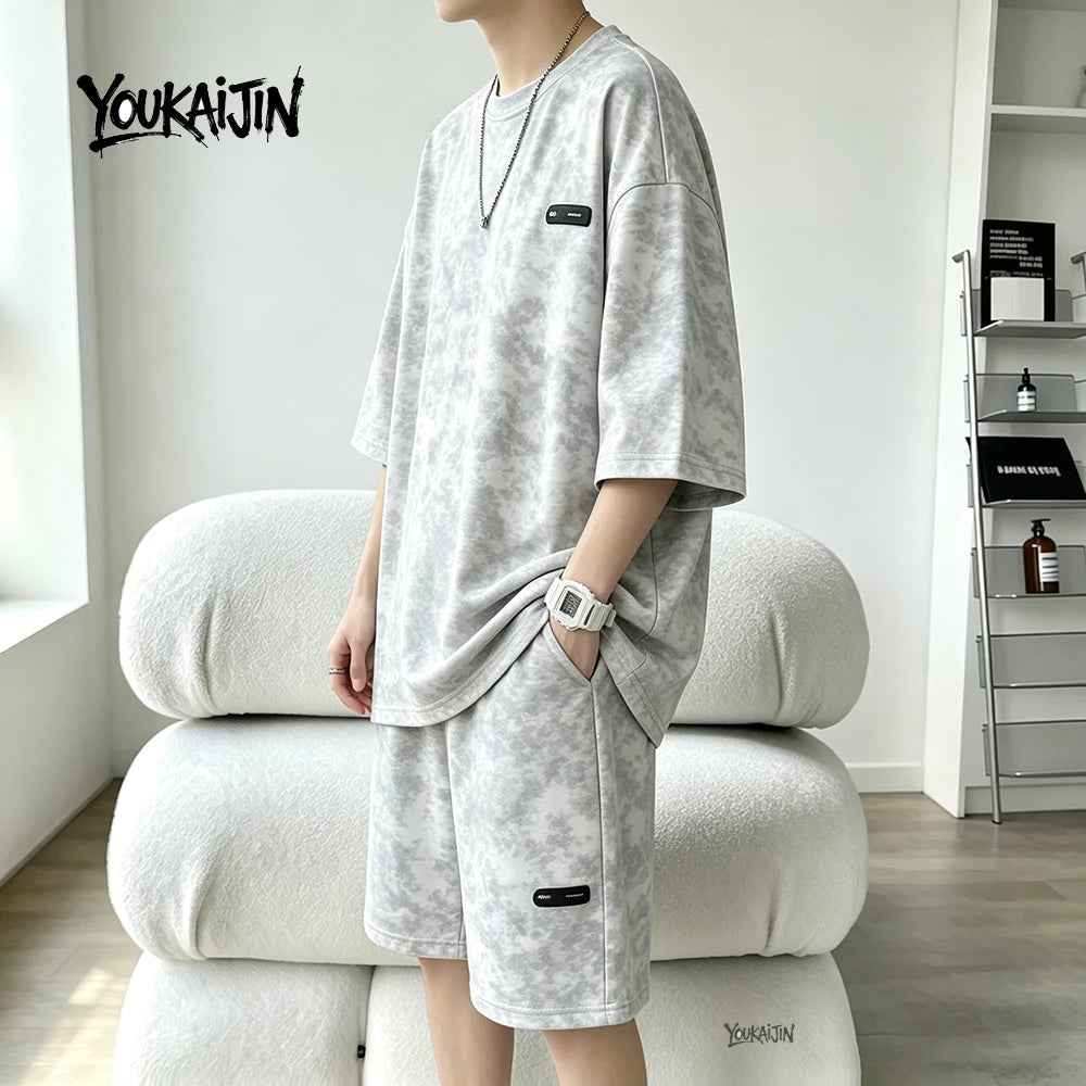 7XL 8XL Tie Dye T Shirt and Shorts Set Men White Casual Streetwear Co Ord Set Men Summer Loose Sportswear 2 Piece Outfit Men