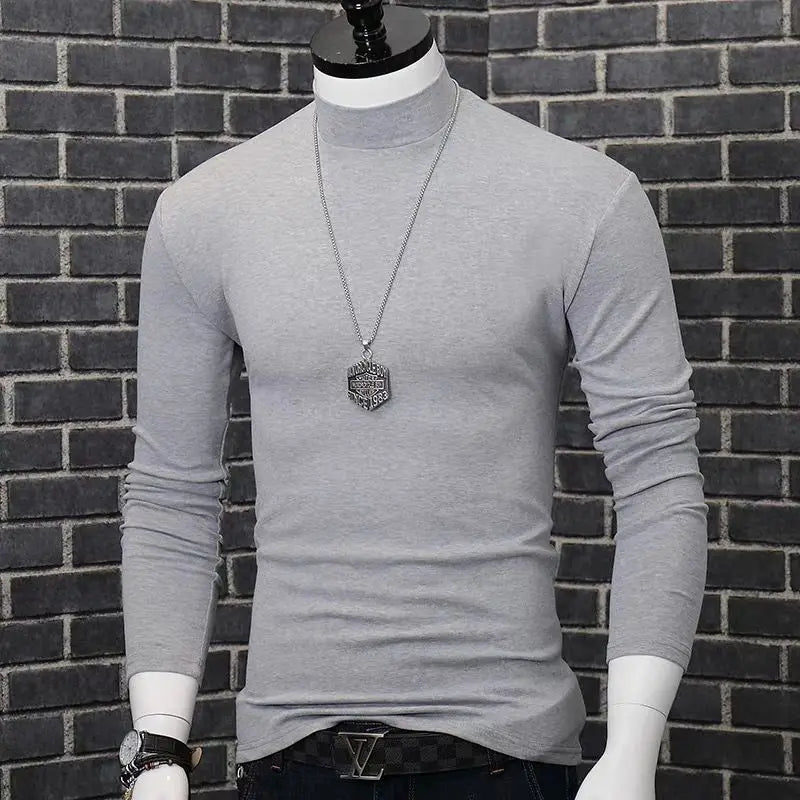 Korean Clothing Blouse Oversize Golf Wear Casual Full Cotton Men's Turtleneck Base Shirt Simple Solid Color Long Sleeve Tops Tee