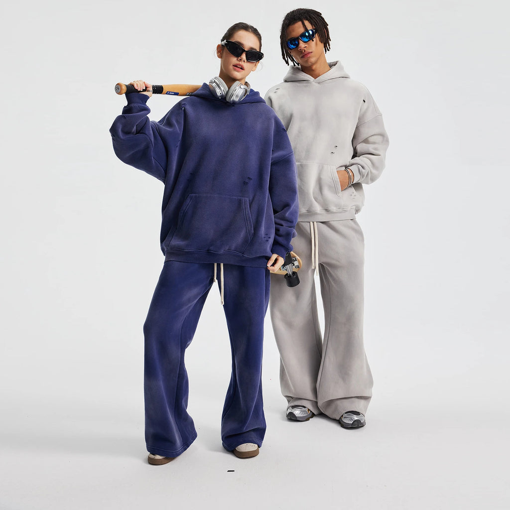 2025 Winter New Fleece Sweatpants Men Splashing Ink Spray Dyeing Wash Distressed Wide Joggers Grinding Edges Baggy Plush Pants