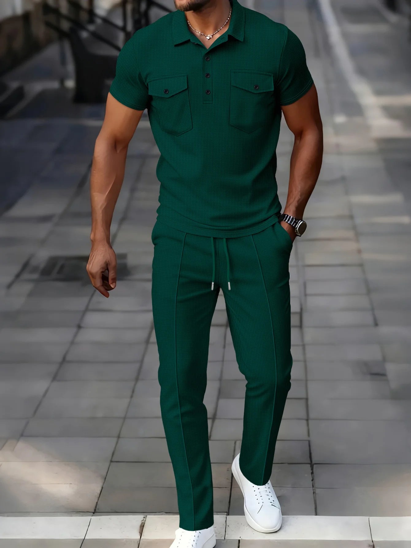 Summer New Men's Waffle Casual Tracksuit, Lapel Collar Double Pocket Solid Polo Shirt and Long Pants Set