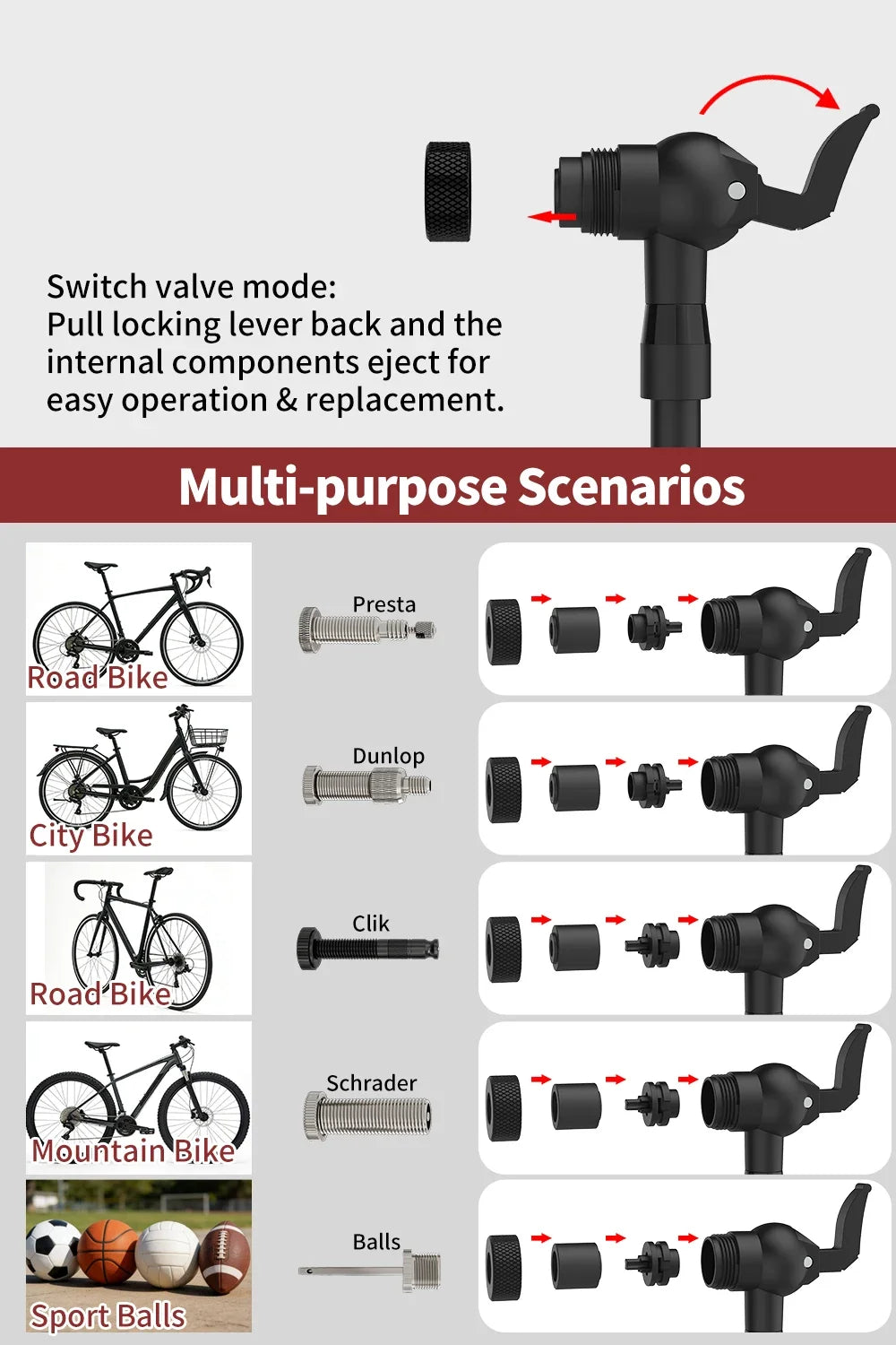 Universal Bicycle Air Nozzle with Presta Schrader & Clik Valves Portable Bike Tire Pump Connector Adapter Inflatable Air Chuck
