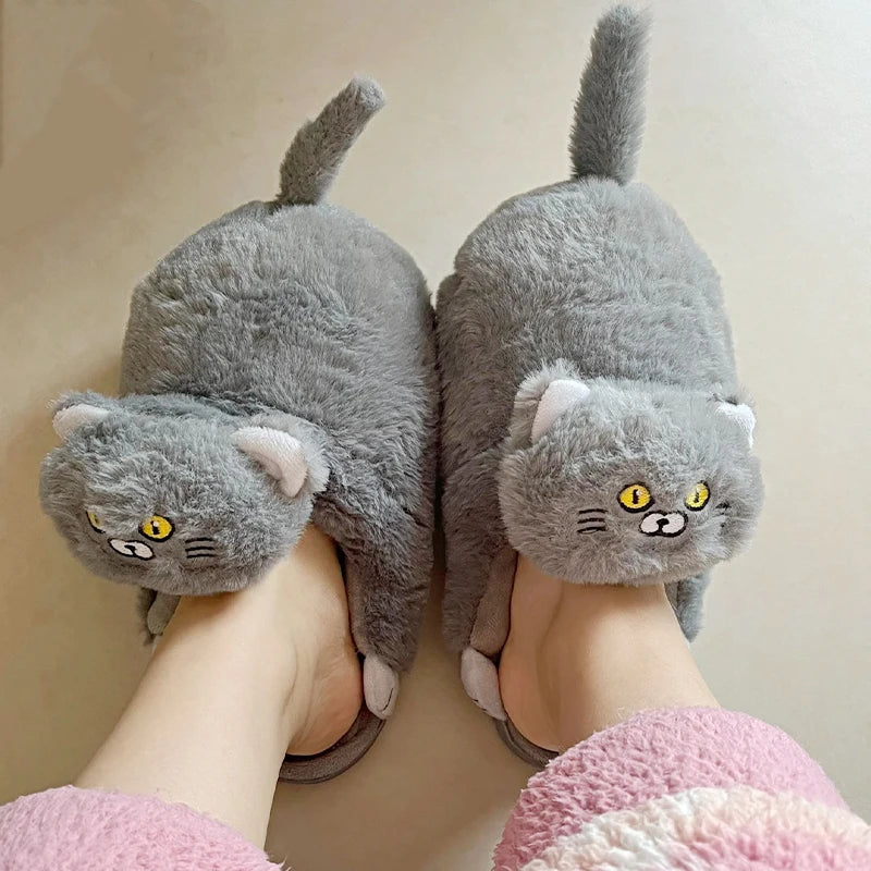 New fuzzy black cat shoes hook loop winter slippers for women indoor mary jane plush shoes mom shallow warm kitty slippers woman