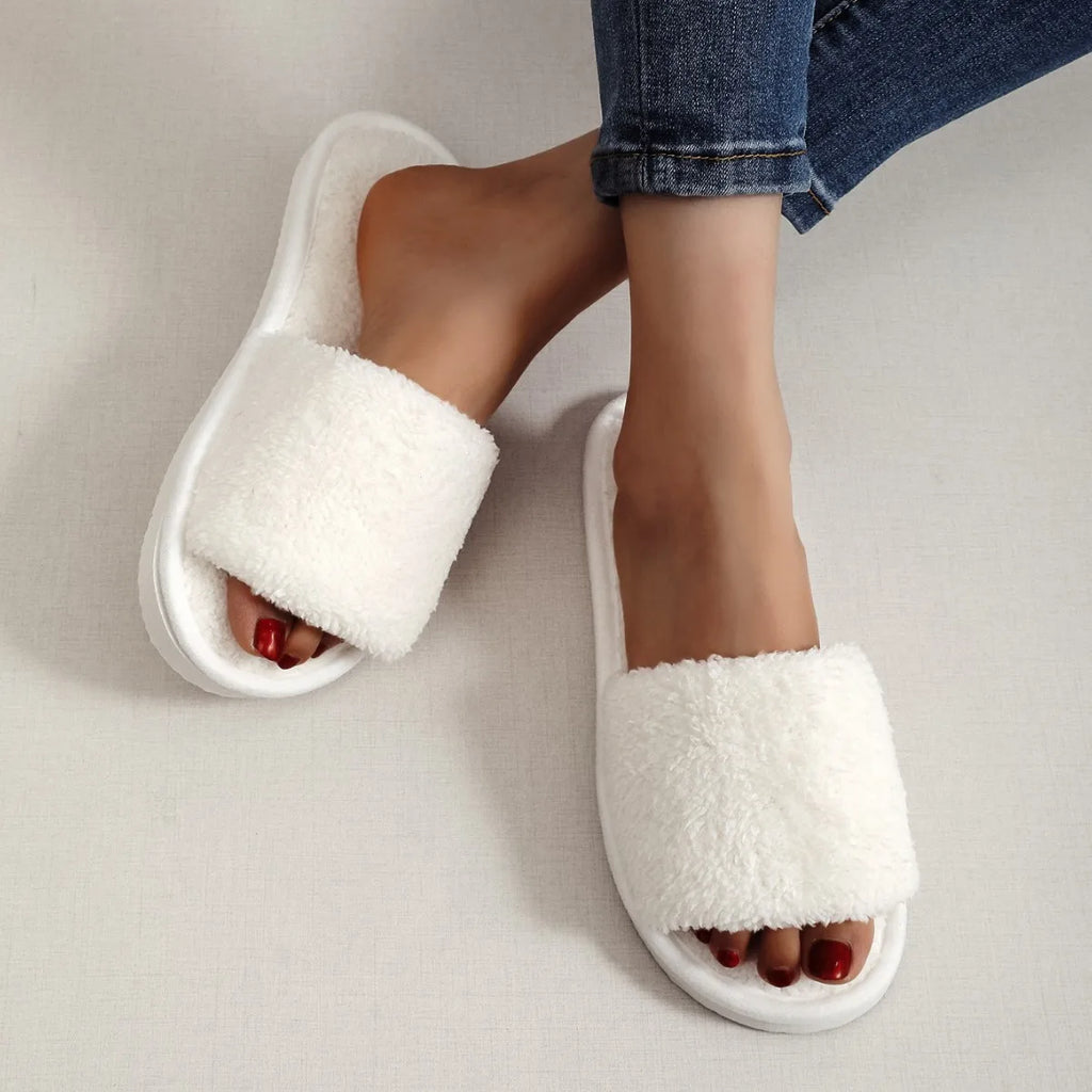 Four Seasons New Women's Home Slippers Opening White Fur Slides Warm Plush Sandals Female Comfortable Lightweight Flat Shoes