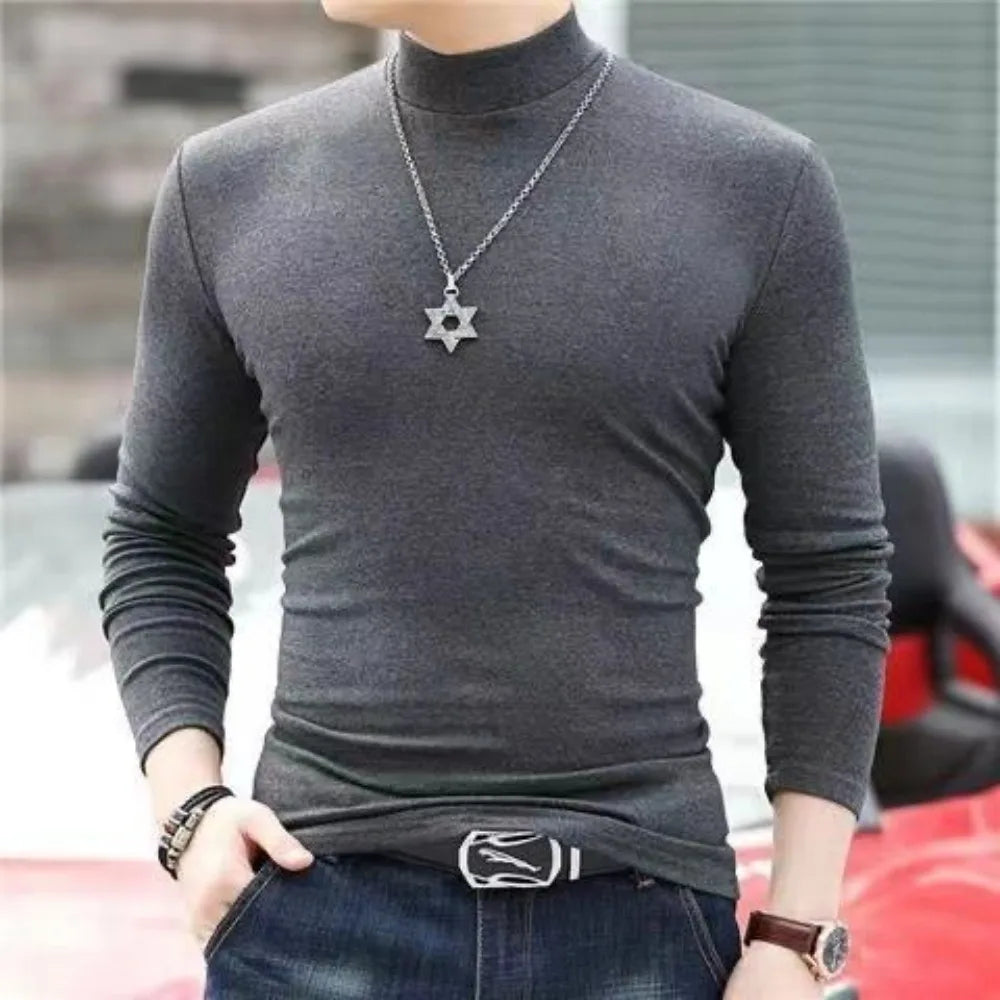 Korean Clothing Blouse Oversize Golf Wear Casual Full Cotton Men's Turtleneck Base Shirt Simple Solid Color Long Sleeve Tops Tee
