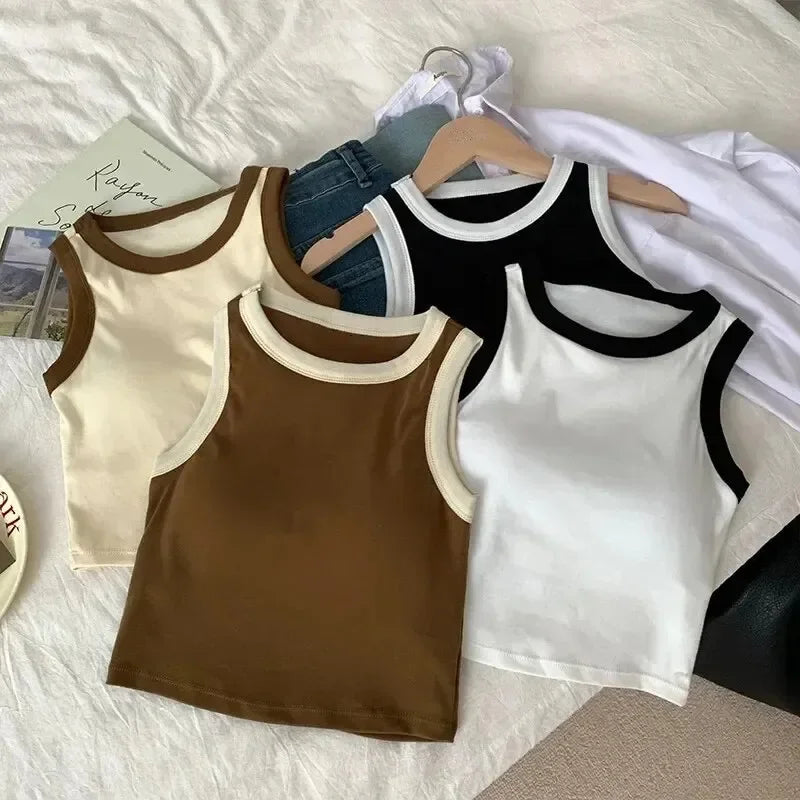 Spring Summer Color Block Sleeveless Vest Outerwear Pure Color Strap Innerwear Sports Top Base Shirt Beautiful Wrap Chest Women
