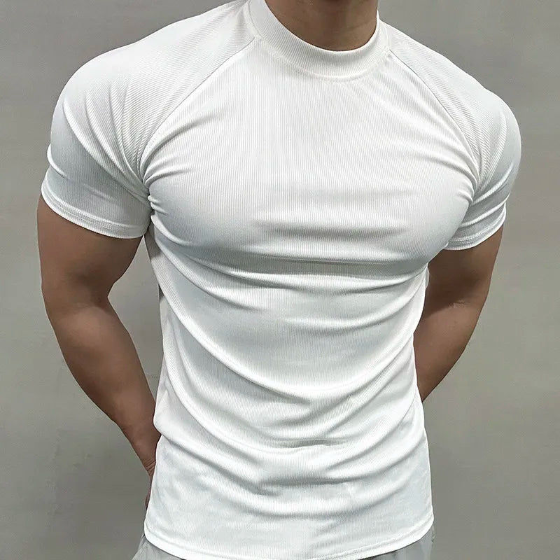 Men Summer Tshirt Muscle Shirt Bodybuilding Fitness Workout Turtleneck Casual Top Tees