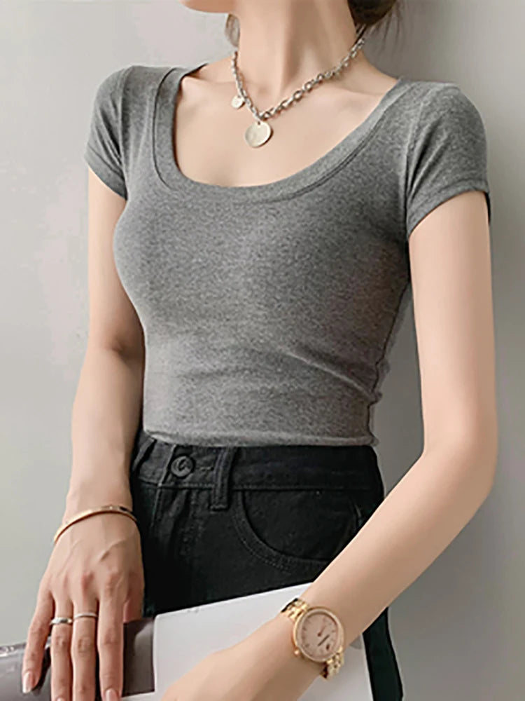 AOSSVIAO 100% Cotton T Shirt Women Summer New Slim Solid Basic Tees 16 Color Casual Tshirt Korean O Neck Khaki Tops