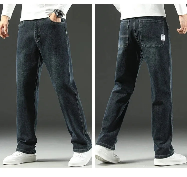Autumn Winter  Brand New High Waist Jeans Classic Business Casual Office Men's Fashion Stretch Slim Denim Jeans Navy Blue
