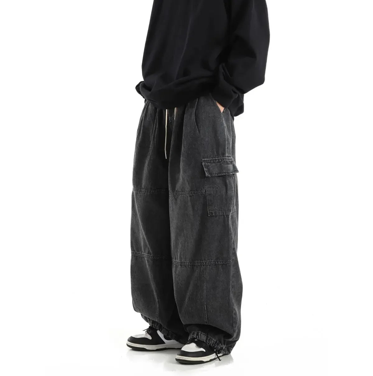 Y2k Black Baggy Cargo Jeans Trousers Men Streetwear Casual Hippie Jogging Wide Leg Oversize Long Male Denim Pants