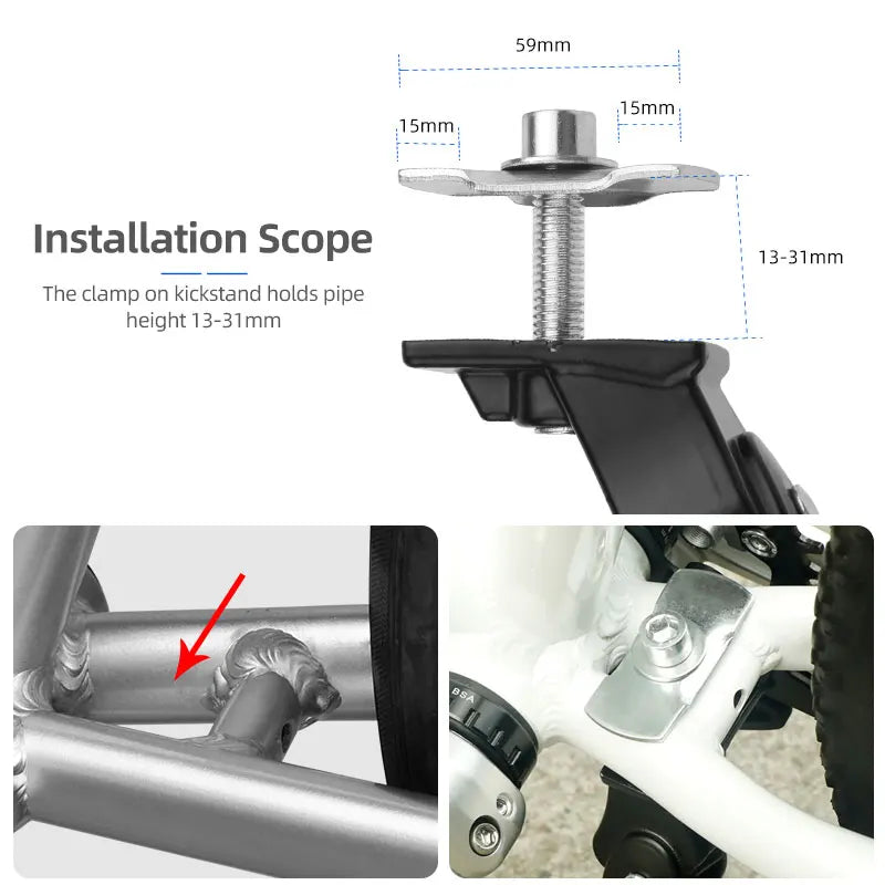 Bicycle Mid Kickstand 24-27.5in Height Adjust MTB Aluminum Alloy Support 13-31cm Pipe Clamping Big Foot Casing Road Sturdy Rack
