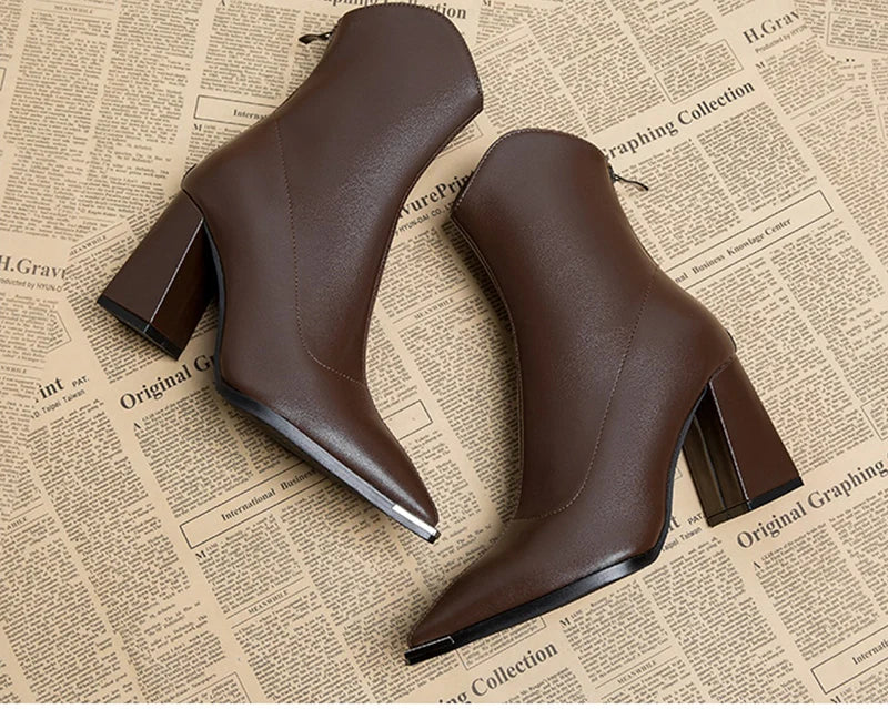 Pointed Toe Women's Ankle Boots Fashion Back Zippers Short Botas Ladies Elegant Square High Heel Winter Women's Footwear