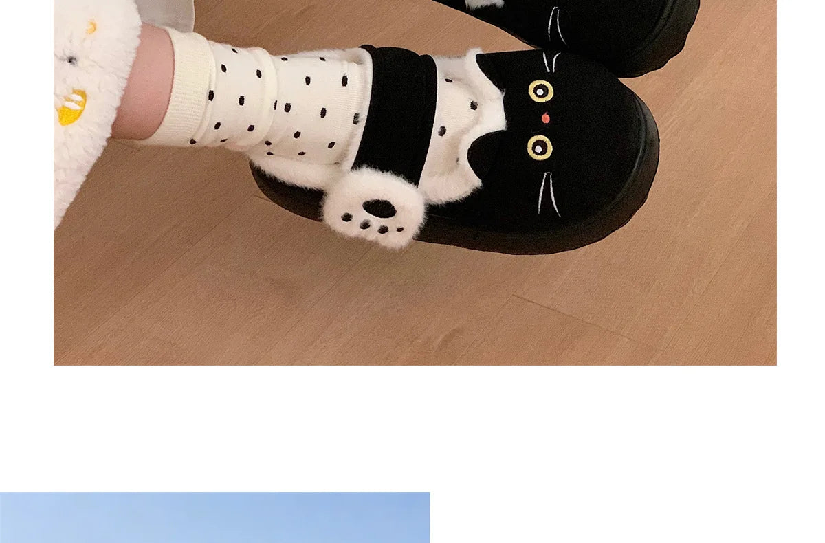 New fuzzy black cat shoes hook loop winter slippers for women indoor mary jane plush shoes mom shallow warm kitty slippers woman