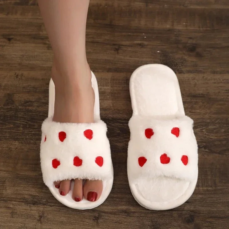 Winter Women Heart Slippers for Home Fur Furry House Slides Men Indoor Floor Soft Sandals Couples Comfortable Cute Flip Flops