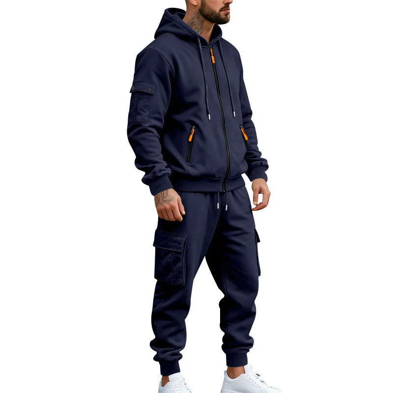 Men's Full Zip Hooded Tracksuit 2 Piece Set Casual Cargo Pocket Jogger Suit Outdoor Sports Hoodie And Pants Set