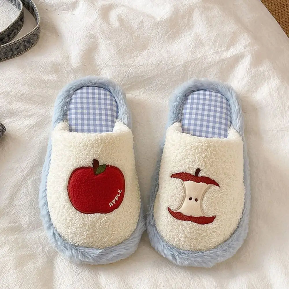 Fashion Grid Stripe Cute Plush Slippers Non-Slip Thick Sole Winter Slides Women Silent Casual Home Wear Shoes Women