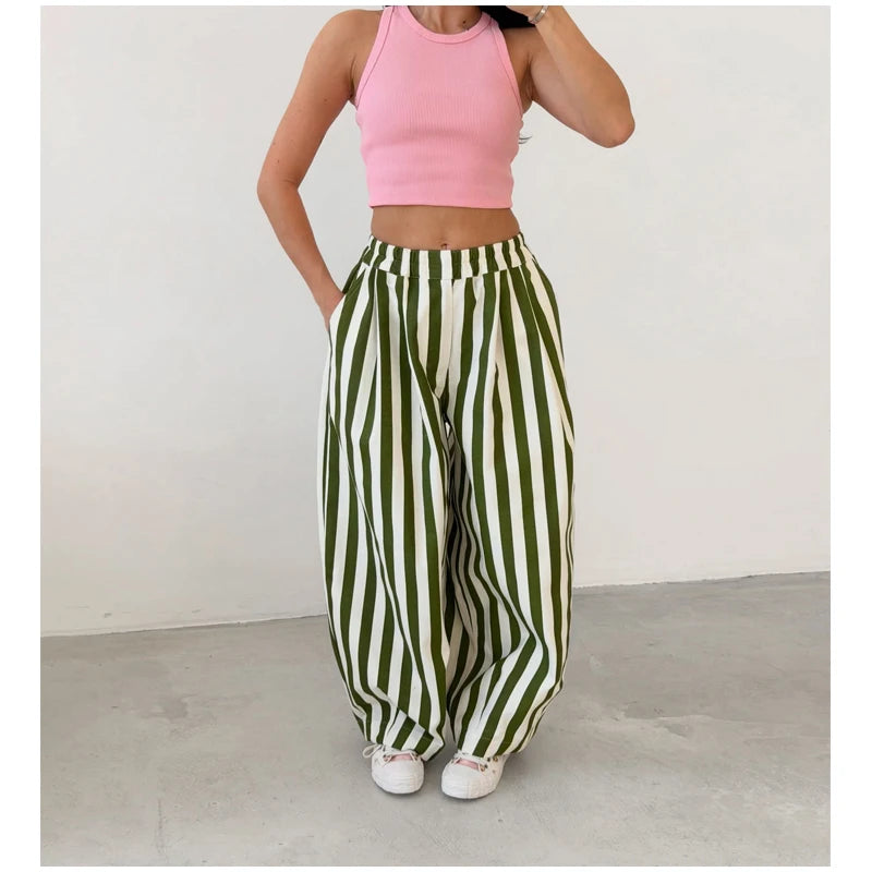 Red White Striped Balloon Pants Women's Elastic Waist Wide Leg Baggy Casual Trouser 2026 Summer New Streetwear Loose Fit Pants