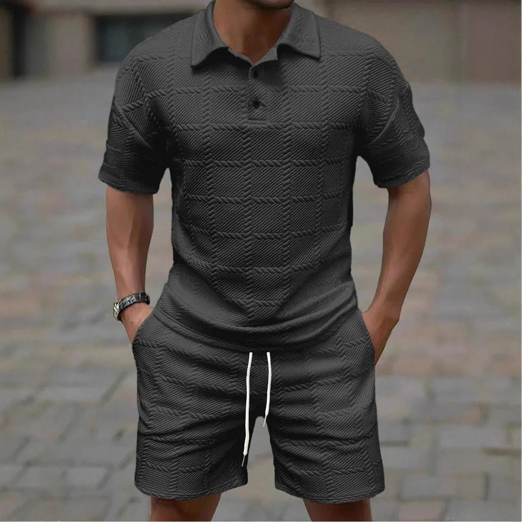 2026Summer Male Casual Two Pieces Suits Vintage Polo Neck Short Sleeve Tops And Shorts Men's Sets Fashion Plaid Textured Outfits