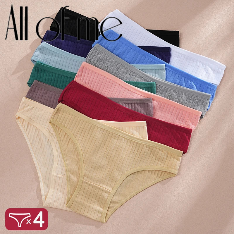 4PCS/SET Women's Cotton Panties Sexy Soft Striped Underpants Solid Color Briefs Female Comfortable Stretch Lingerie M-XL