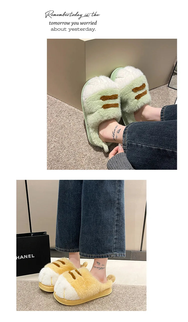 Newest cat paw feet slippers woman fluffy closed heel home shoes for women winter warm slip on animal claw slipper furry loafer