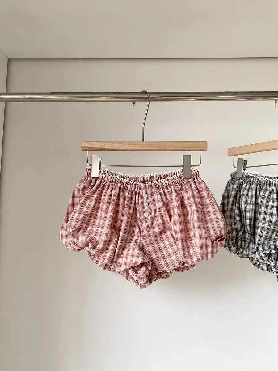 Women's Plaid Bubble Shorts Elastic Waist Bloomer Shorts Casual Short Pants Summer Streetwear шорты женские
