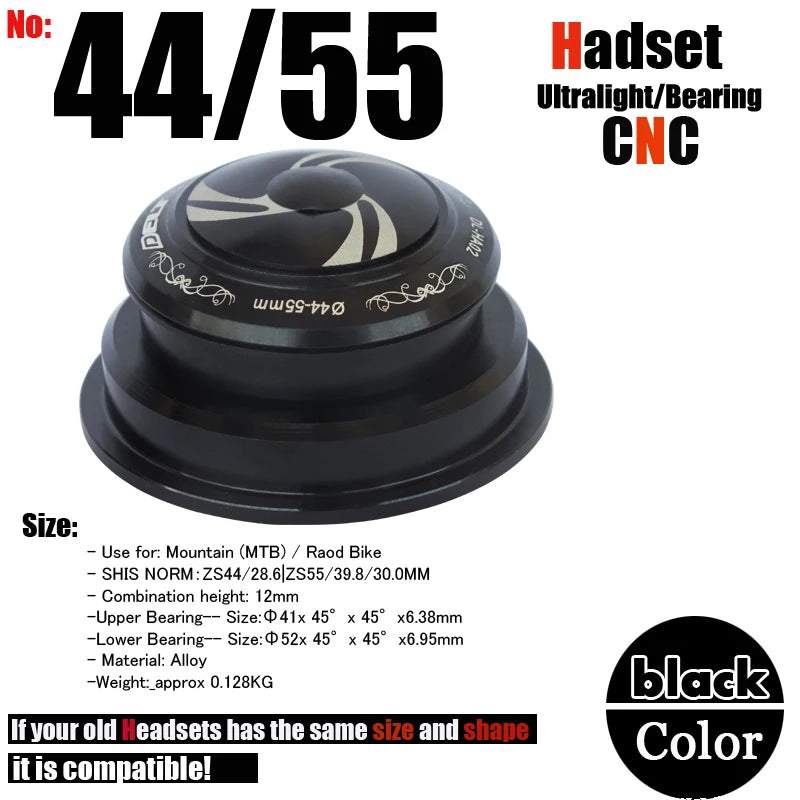 1-1/8 Bicycle Headset 44x28.6 & 55/56x39.8/30MM Tapered 28.6 Straight Tube Bike Fork Internal Steering 2 Bearing Pads