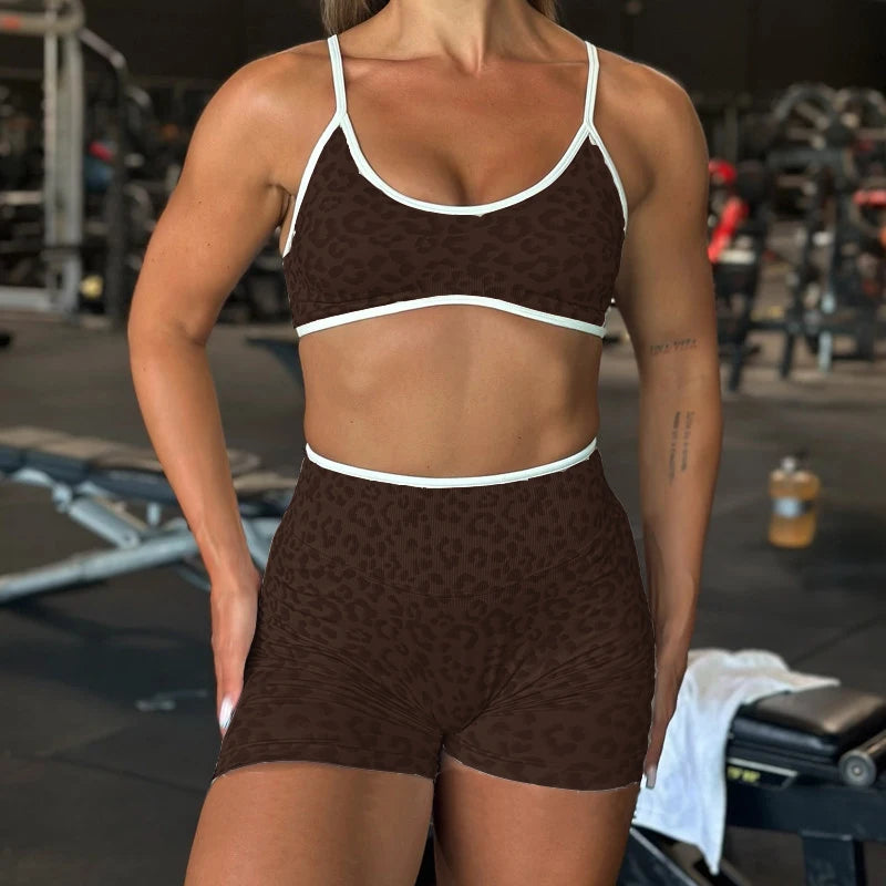 Seamless Leopard Yoga Set Women Sports Bra High Waist Shorts Scrunch Gym Fitness Workout Run Legging Activewear XP269