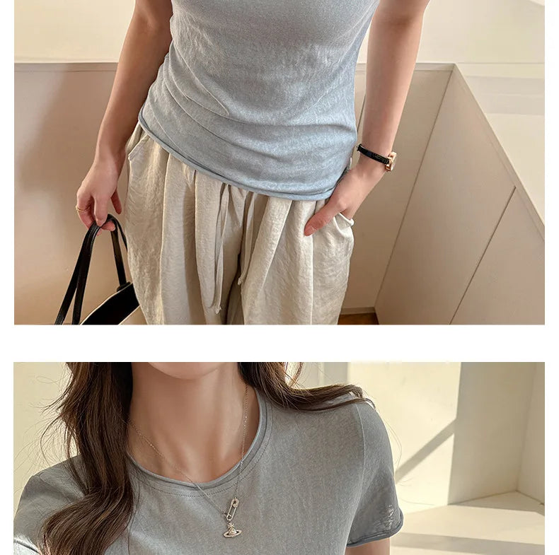 Solid Color Slim Fit Short Sleeve T Shirt for Women Summer New Cotton Blended Basic Tees Woman Thin Breathable Crew Neck T-shirt