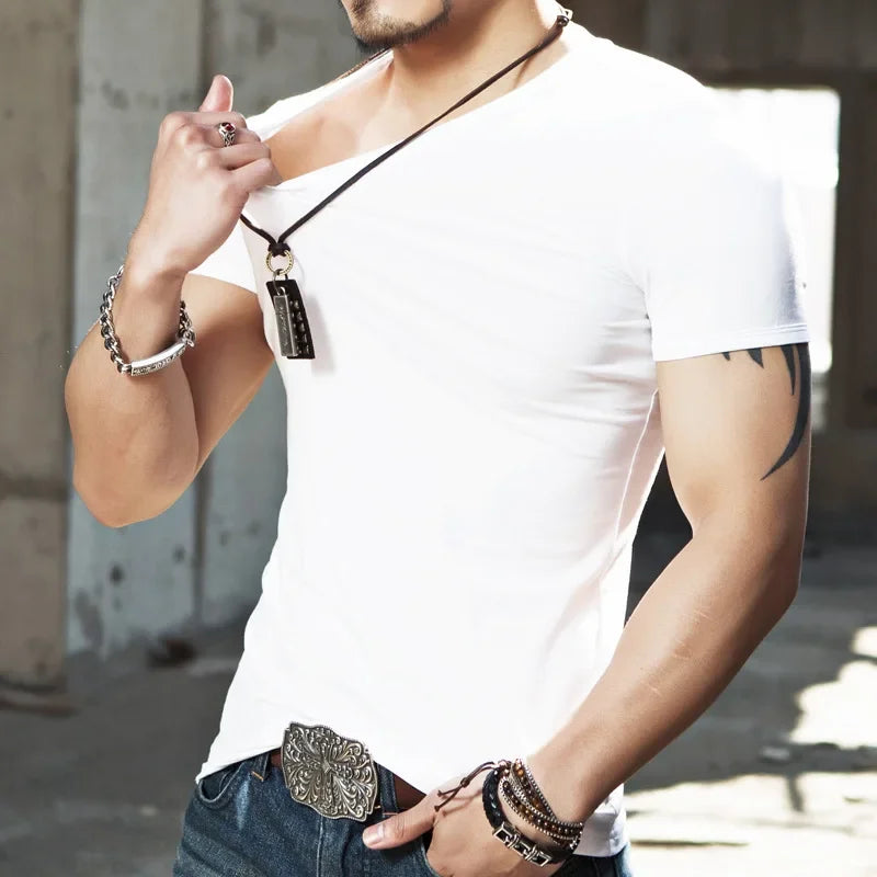 2026 Brand New Men T Shirt Tops V neck Short Sleeve Tees Men's Fashion Fitness Hot T-shirt For Male Man T-shirt Size 5XL