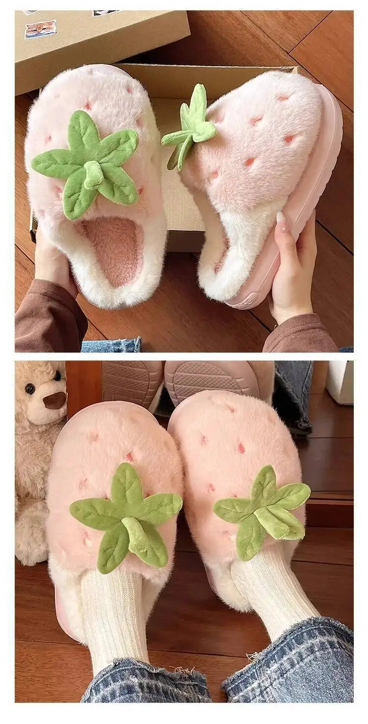 Winter Women's Furry Cotton Home Slippers Cute Strawberry Design Warm Thick Soled Anti Slip Indoor Household Outdoor Wearable