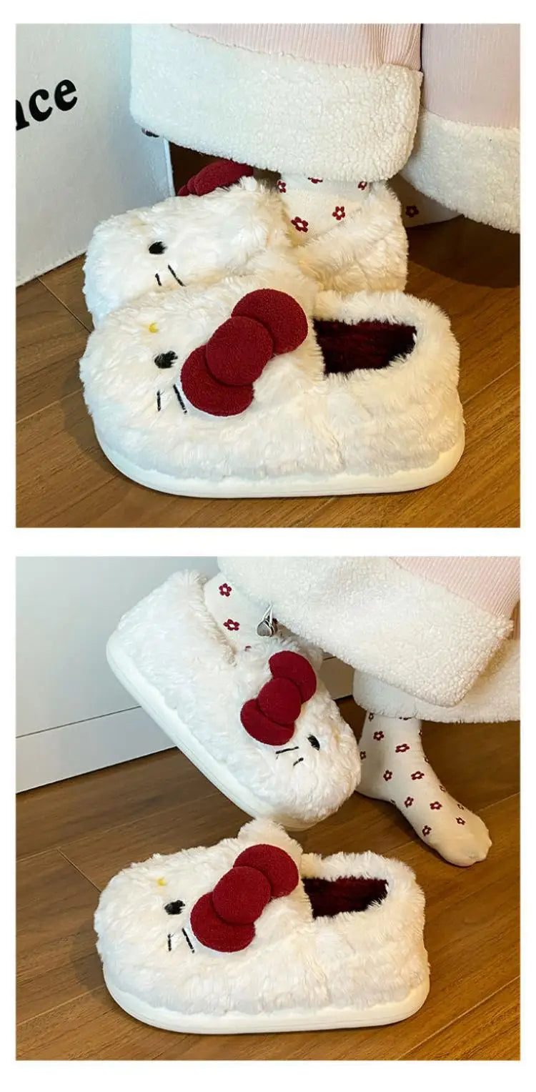 New Cartoon Hello Kitty Plush Slippers Sanrio Cute Female Anime Autumn Winter Home Plus Velvet Warm Thick Sole Baotou Slippers