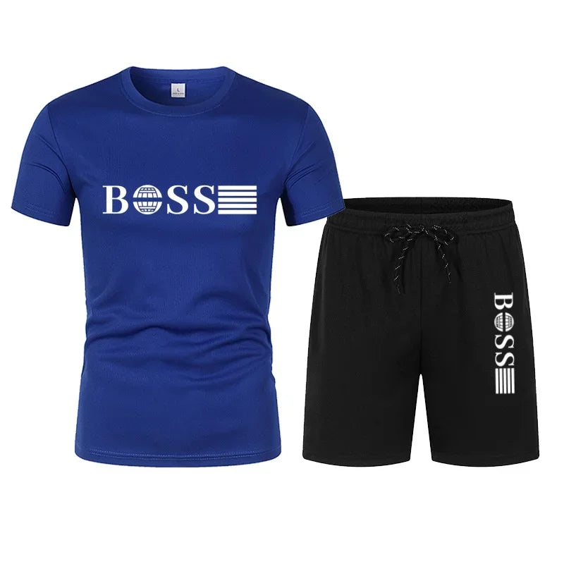 Spring and Summer New Two-piece Men's Running T-shirt and Short Casual Elastic Round Neck Sports Suit Comfortable Quick Drying